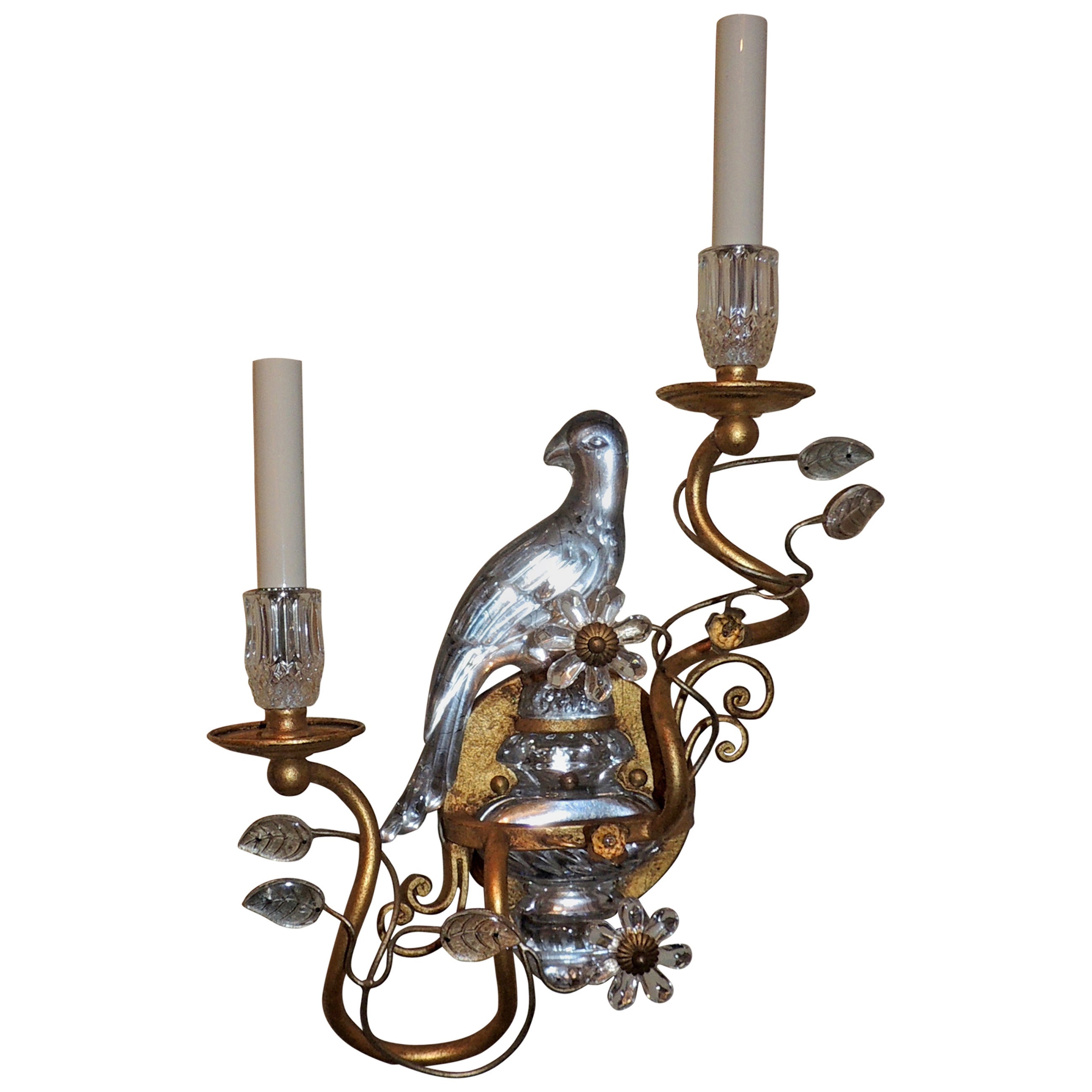 Wonderful Gilded Maison Bagues Glass Rock Crystal Style Parrot Bird Sconce