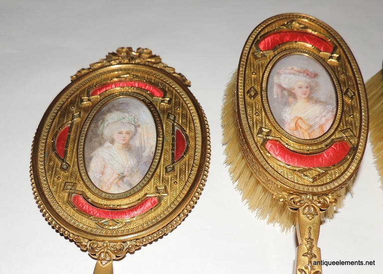 Rare French Five-Piece Ormolu Bronze and Pink Enamel Vanity Set Dresser Brush 5