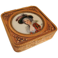 An Unusual Signed Dore Bronze French Enamel Box with Velvet Lining