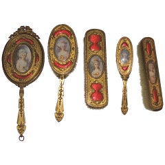 Rare French Five-Piece Ormolu Bronze and Pink Enamel Vanity Set Dresser Brush