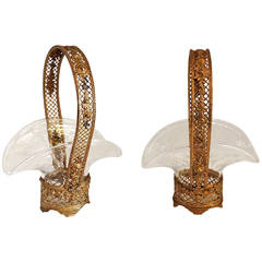 Incredible Pair French Ormolu Bronze Pierced Baskets With Etched Crystal Inserts