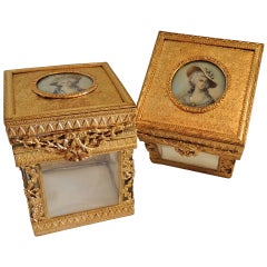 Antique Elegant Pair of French Bronze Crystal Ormolu Vanity Boxes, Minature Portraits