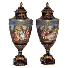 Very Fine Quality Pair of Blue Sevres Hand-Painted Urns with Covers