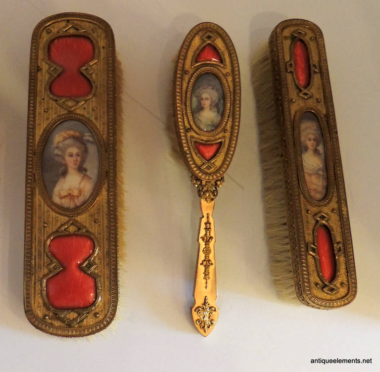 20th Century Rare French Five-Piece Ormolu Bronze and Pink Enamel Vanity Set Dresser Brush