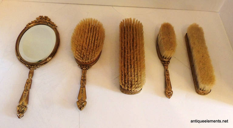 Rare French Five-Piece Ormolu Bronze and Pink Enamel Vanity Set Dresser Brush In Good Condition In Roslyn, NY