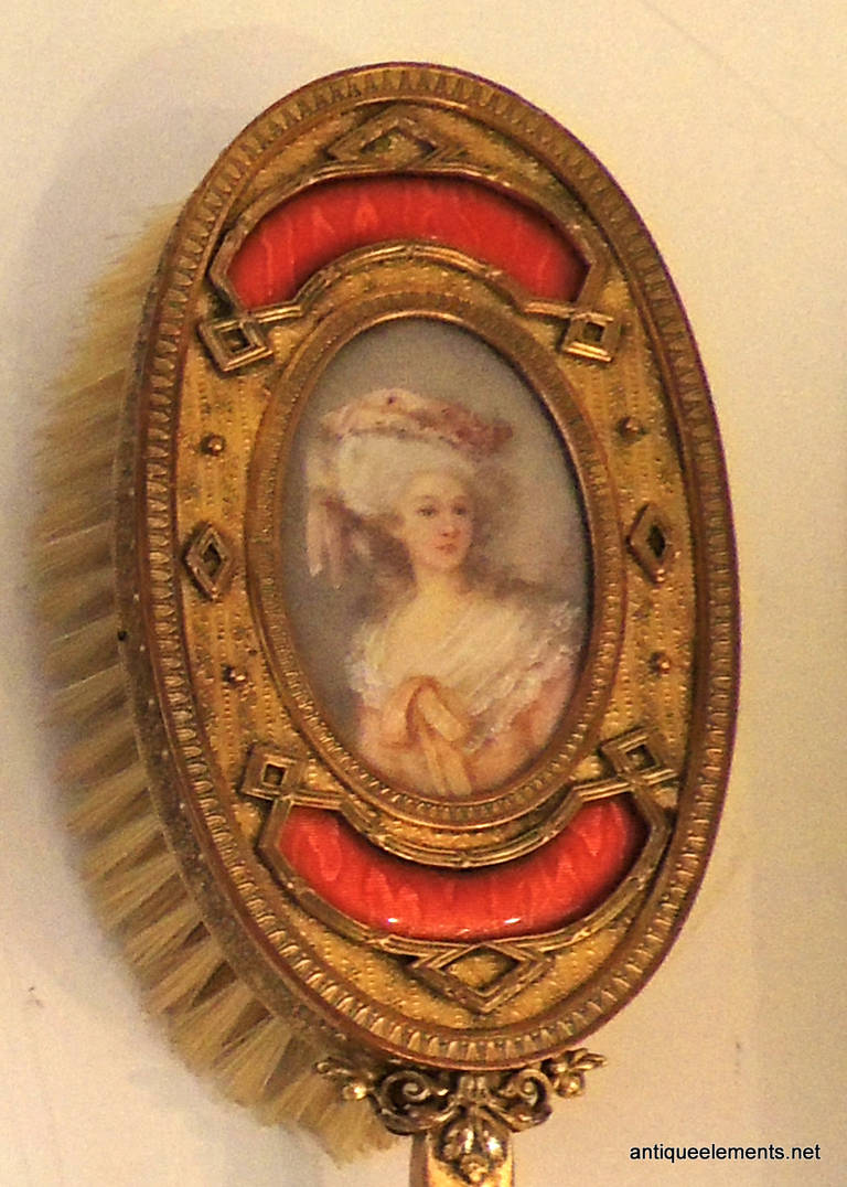 Rare French Five-Piece Ormolu Bronze and Pink Enamel Vanity Set Dresser Brush 2