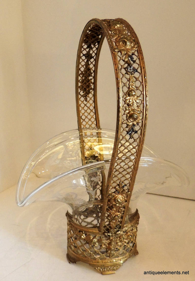 Folk Art Incredible Pair French Ormolu Bronze Pierced Baskets With Etched Crystal Inserts