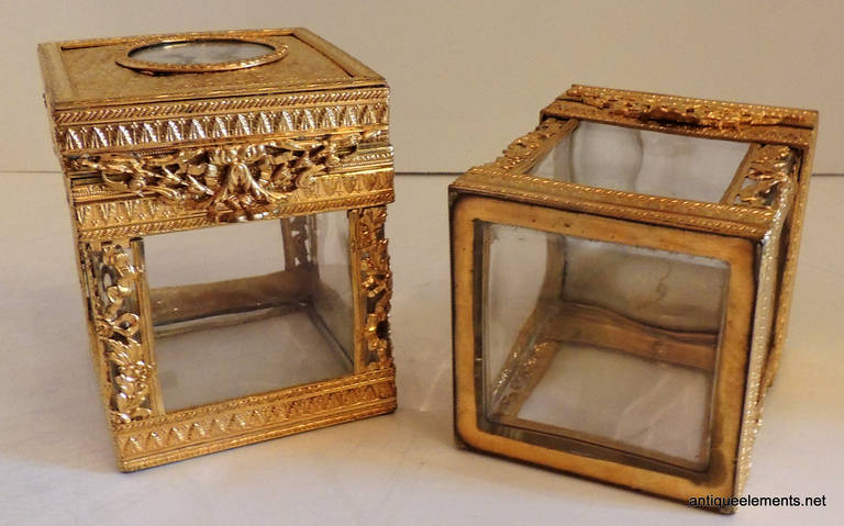 Elegant Pair of French Bronze Crystal Ormolu Vanity Boxes, Minature Portraits 2