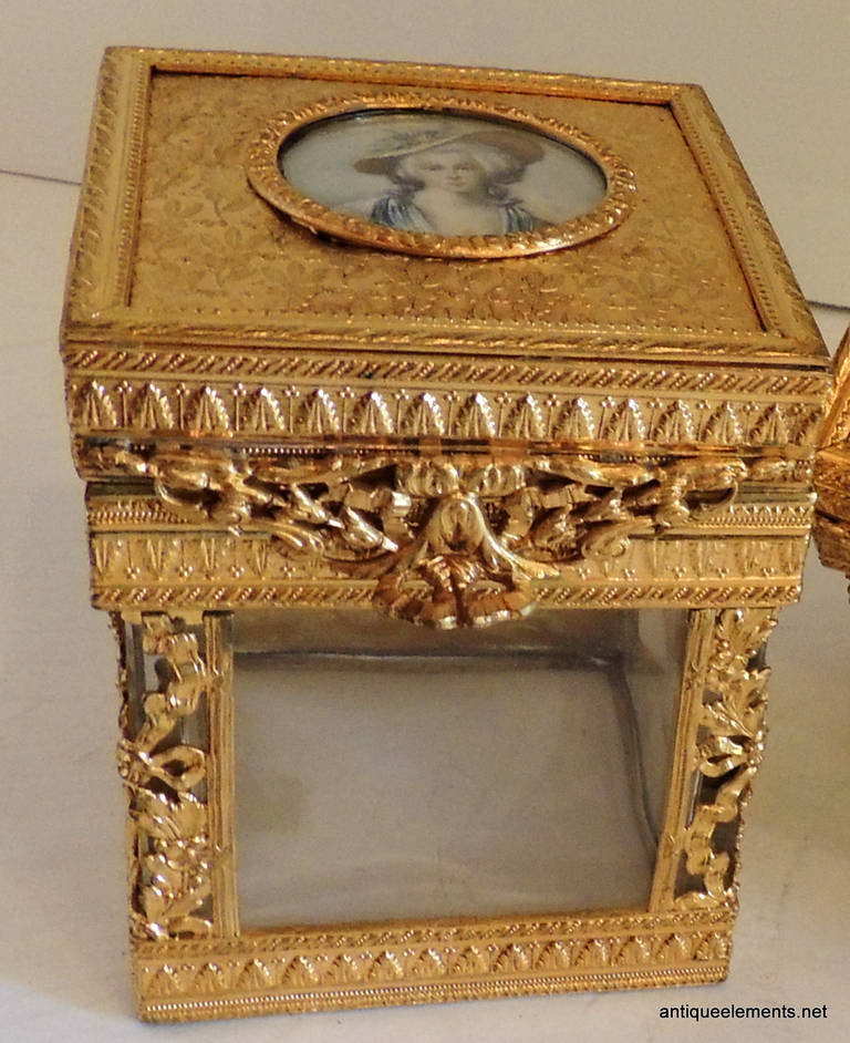 Gilt Elegant Pair of French Bronze Crystal Ormolu Vanity Boxes, Minature Portraits