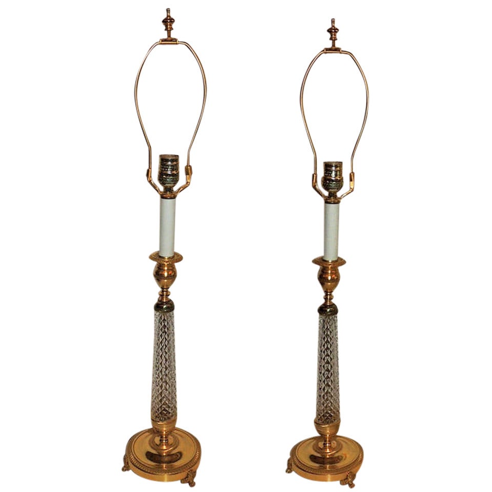 Elegant Pair of French Cut Crystal and Ormolu-Mounted Bronze Canndlestick Lamps