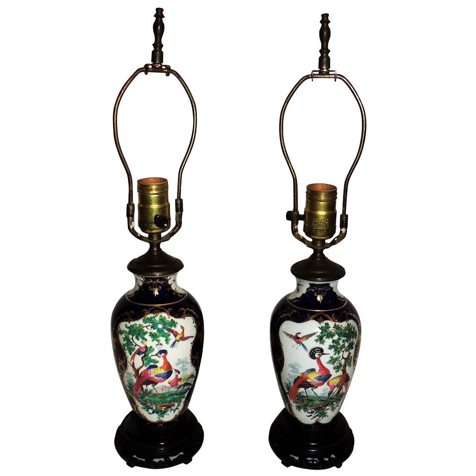 Wonderful Pair of Chinoiserie Blue, Hand-Painted Lamps Depicting Birds For Sale