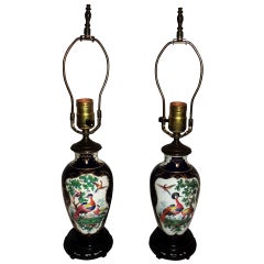 Wonderful Pair of Chinoiserie Blue, Hand-Painted Lamps Depicting Birds