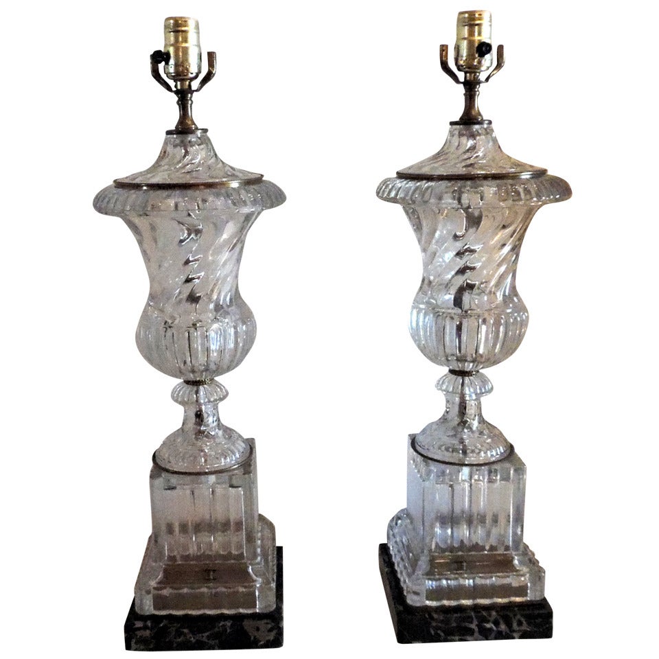 Elegent Pair Of Baccarat Style Crystal Urn Form Swirl Lamps on Black Marble Base