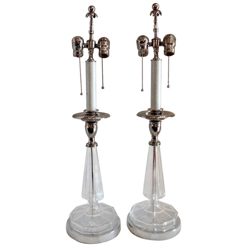 Wonderful Pair of Silvered Bronze and Crystal Two-Light Transitional Lamps