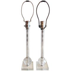Vintage Elegant Pair Of Transitional Cut Crystal Column Form Lamps