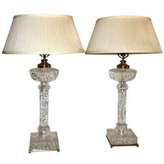 Pair Of Wonderful Antique Swirl Crystal and Bronze Mounted Column 30" Lamps