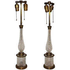 Elegant Pair of French Dore Bronze and Cut Crystal Double Light Lamps