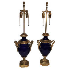 Fine Pair 19Th C Sevres Cobalt Blue Porcelain& Ormolu Dore Bronze Mount Lamps