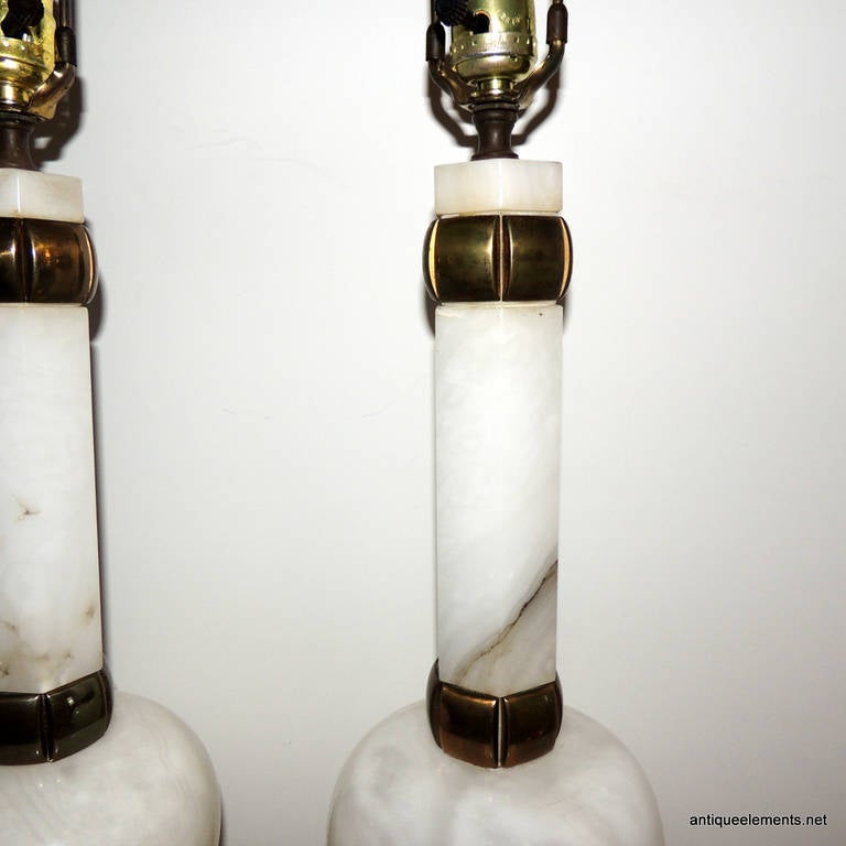 A Wonderful Pair Of Vintage Alabaster & Brass Ormolu Mounted Transitional Lamps 3