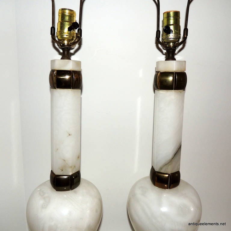 Italian A Wonderful Pair Of Vintage Alabaster & Brass Ormolu Mounted Transitional Lamps