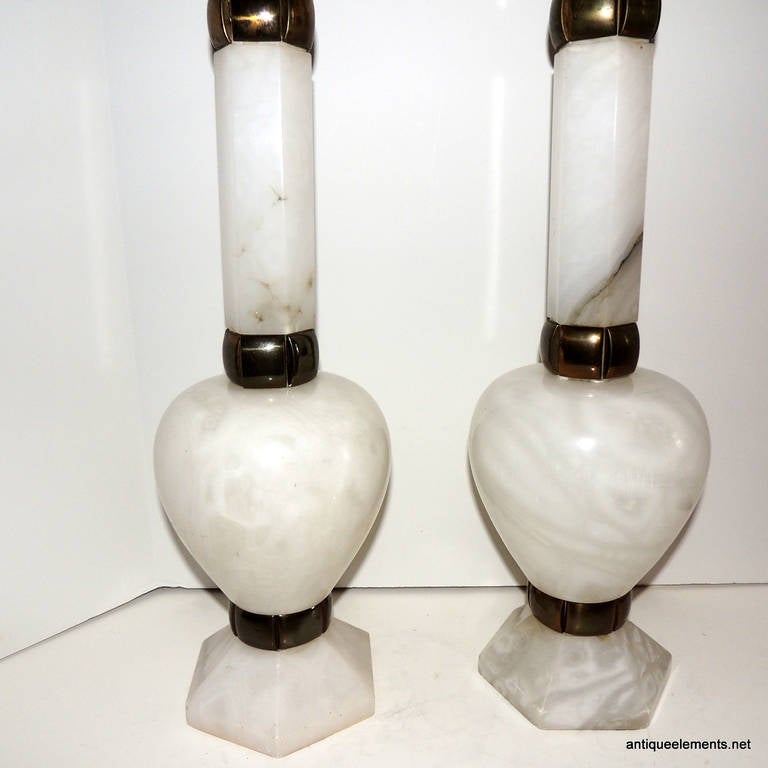 A Wonderful Pair Of Vintage Alabaster & Brass Ormolu Mounted Transitional Lamps 4