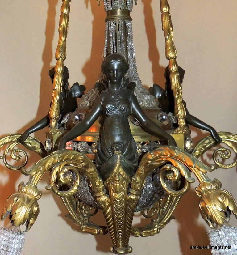 Neoclassical Breathtaking French Dore Bronze and Patina Figural, Beaded Basket Chandelier For Sale