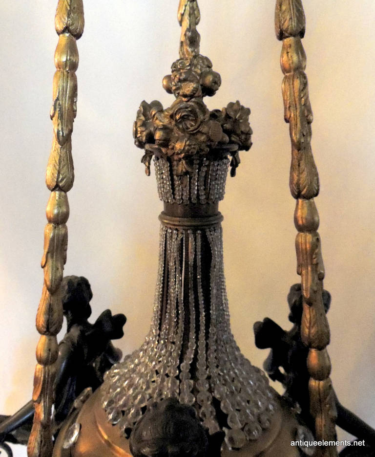 Late 19th Century Breathtaking French Dore Bronze and Patina Figural, Beaded Basket Chandelier For Sale