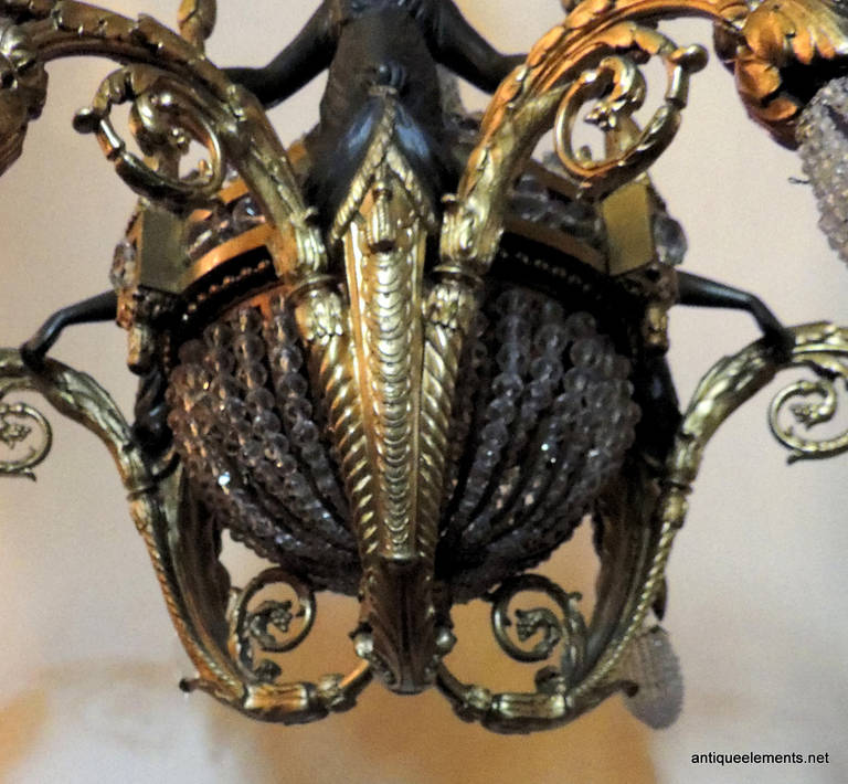 Breathtaking French Dore Bronze and Patina Figural, Beaded Basket Chandelier For Sale 1