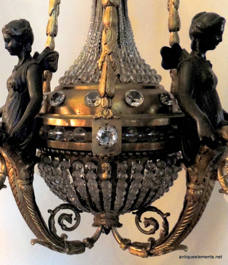 Breathtaking French Dore Bronze and Patina Figural, Beaded Basket Chandelier For Sale 2
