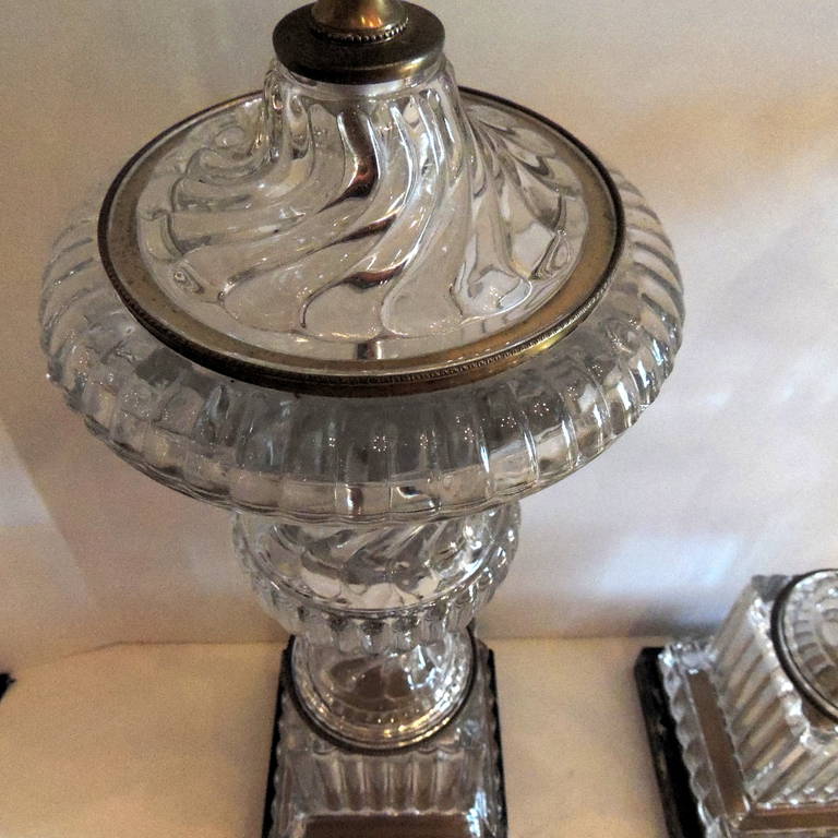 Unknown Elegent Pair Of Baccarat Style Crystal Urn Form Swirl Lamps on Black Marble Base