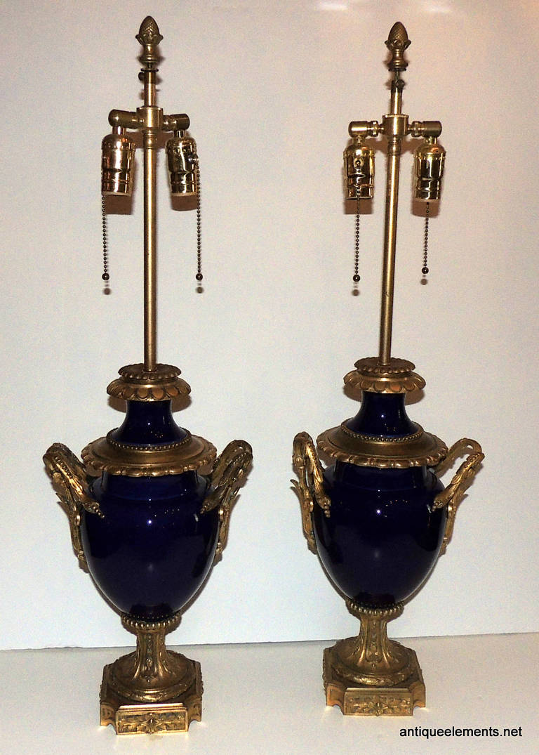 Rococo Fine Pair 19Th C Sevres Cobalt Blue Porcelain& Ormolu Dore Bronze Mount Lamps