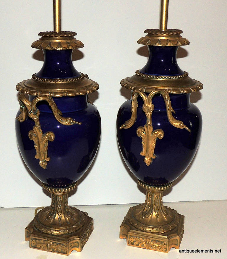 French Fine Pair 19Th C Sevres Cobalt Blue Porcelain& Ormolu Dore Bronze Mount Lamps