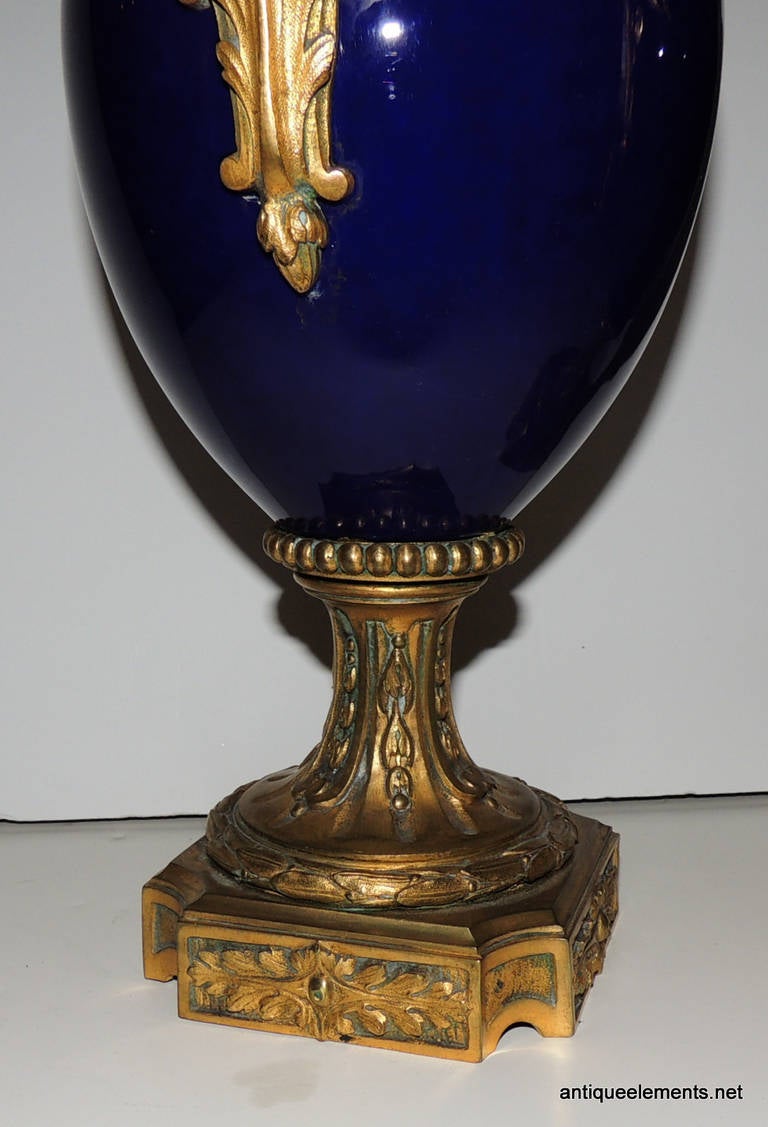 Fine Pair 19Th C Sevres Cobalt Blue Porcelain& Ormolu Dore Bronze Mount Lamps In Excellent Condition In Roslyn, NY