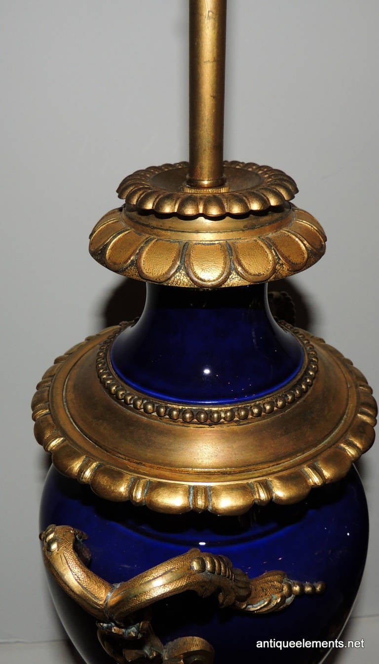 19th Century Fine Pair 19Th C Sevres Cobalt Blue Porcelain& Ormolu Dore Bronze Mount Lamps