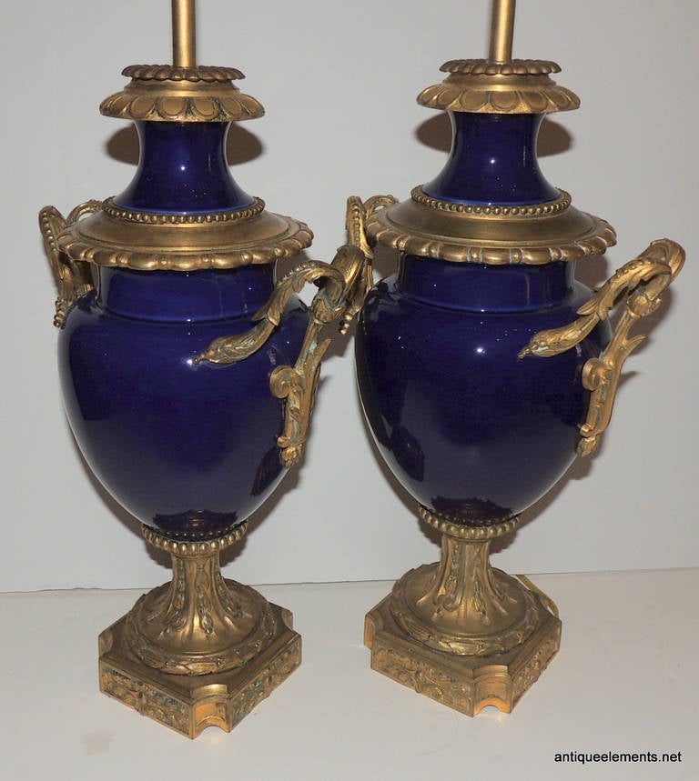 Gilt Fine Pair 19Th C Sevres Cobalt Blue Porcelain& Ormolu Dore Bronze Mount Lamps