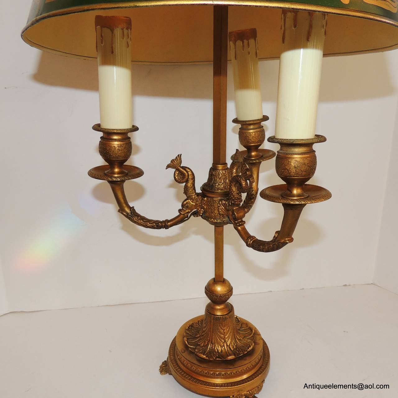 Gilt Wonderful Pair of Vintage French Bronze Green Hand-Painted Bouillotte Tole Lamps