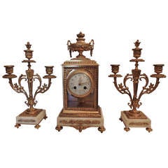 French Dore Bronze & Marble 3 Piece Clock Set