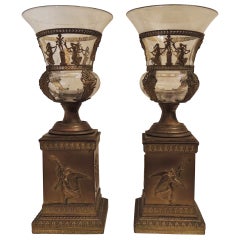 Fine Pair of French Gilt Bronze and Glass Ormolu-Mounted Neoclassical Urns