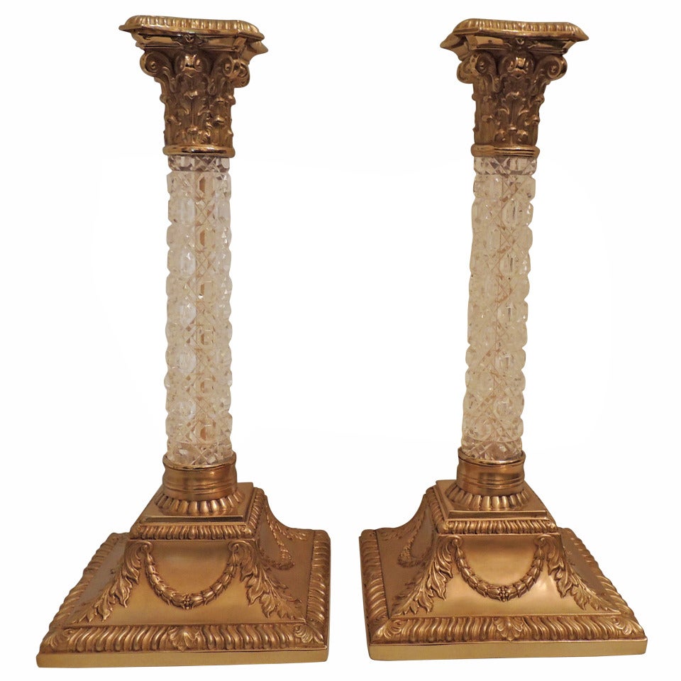 Very Fine Pair of Ormolu Doré Bronze and Cut Crystal Ormolu-Mounted Candlesticks