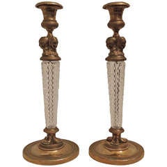 Fine Pair of French Empire Dore Bronze & Cut Crystal Ormolu-Mounted Candlesticks