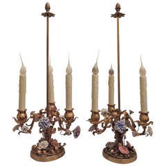 Wonderful Pair of French Doré Bronze Candelabra Lamps with Porcelain Flowers 12