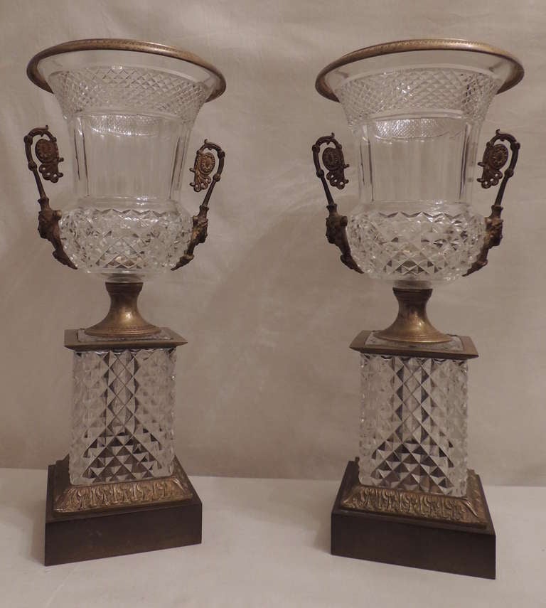 Pair of French Cut Crystal Dore Bronze Mounted Urns