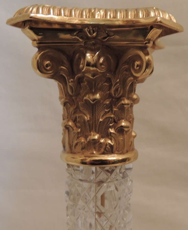 French Very Fine Pair of Ormolu Doré Bronze and Cut Crystal Ormolu-Mounted Candlesticks