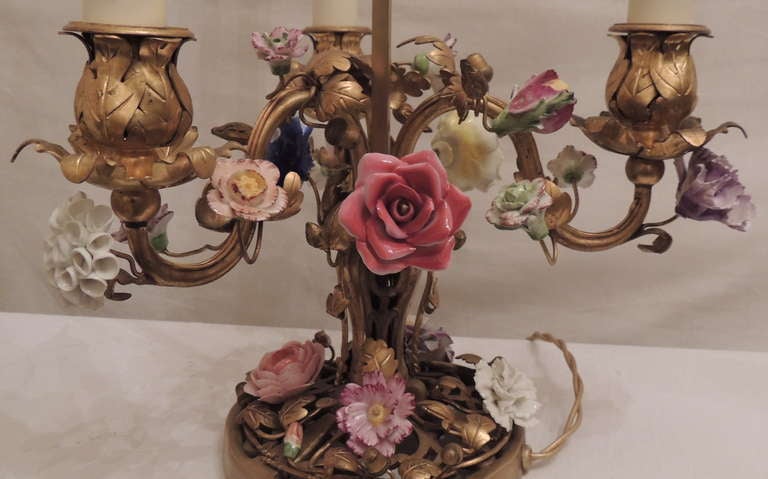 Rococo Wonderful Pair of French Doré Bronze Candelabra Lamps with Porcelain Flowers