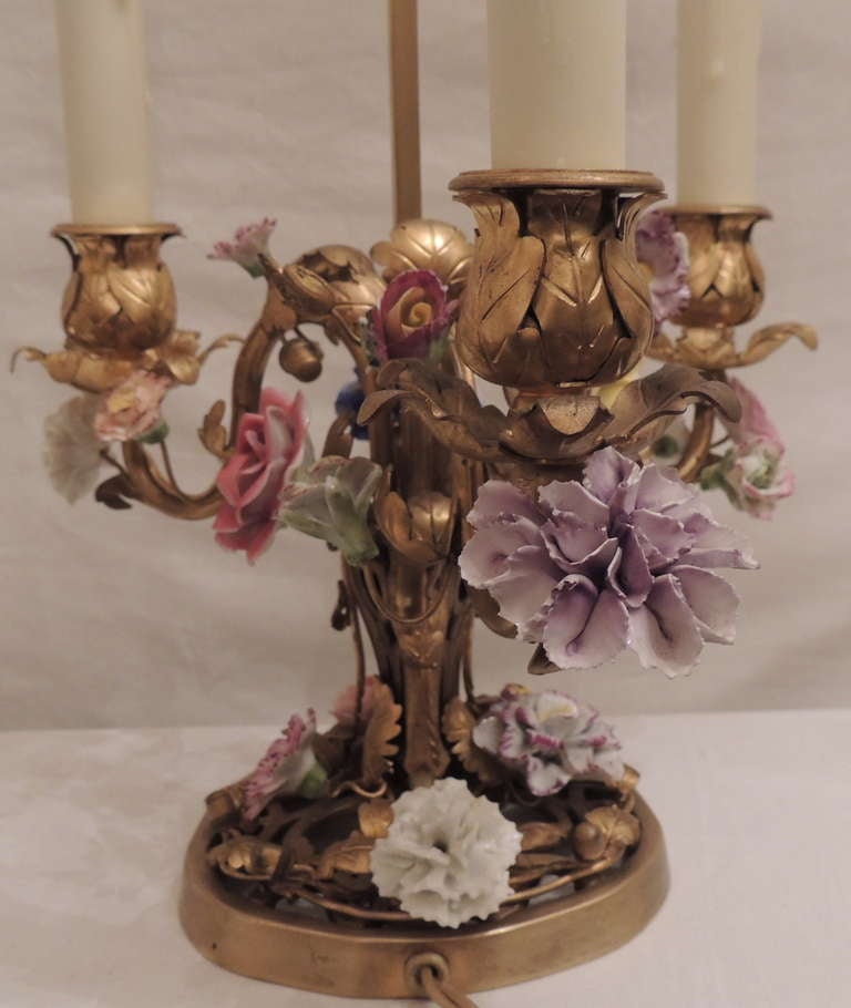 Wonderful Pair of French Doré Bronze Candelabra Lamps with Porcelain