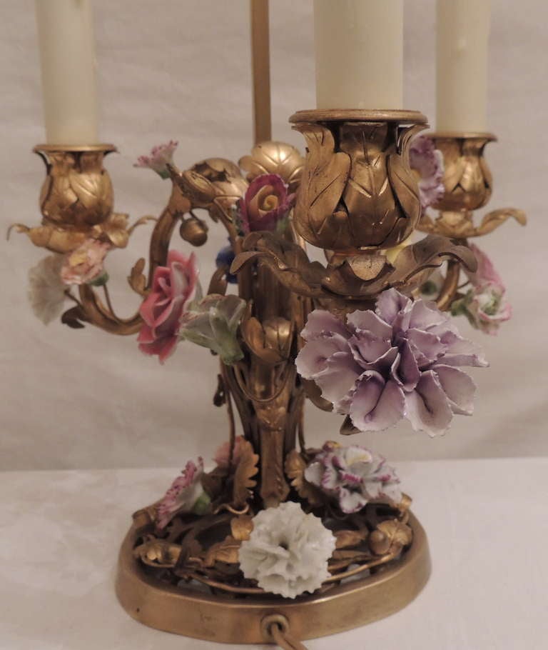 Gilt Wonderful Pair of French Doré Bronze Candelabra Lamps with Porcelain Flowers