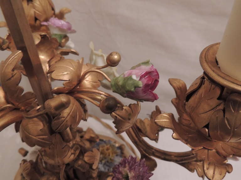 20th Century Wonderful Pair of French Doré Bronze Candelabra Lamps with Porcelain Flowers
