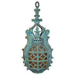 Wonderful Gothic Bronze Figural Lantern with Amber Glass Attributed Caldwell