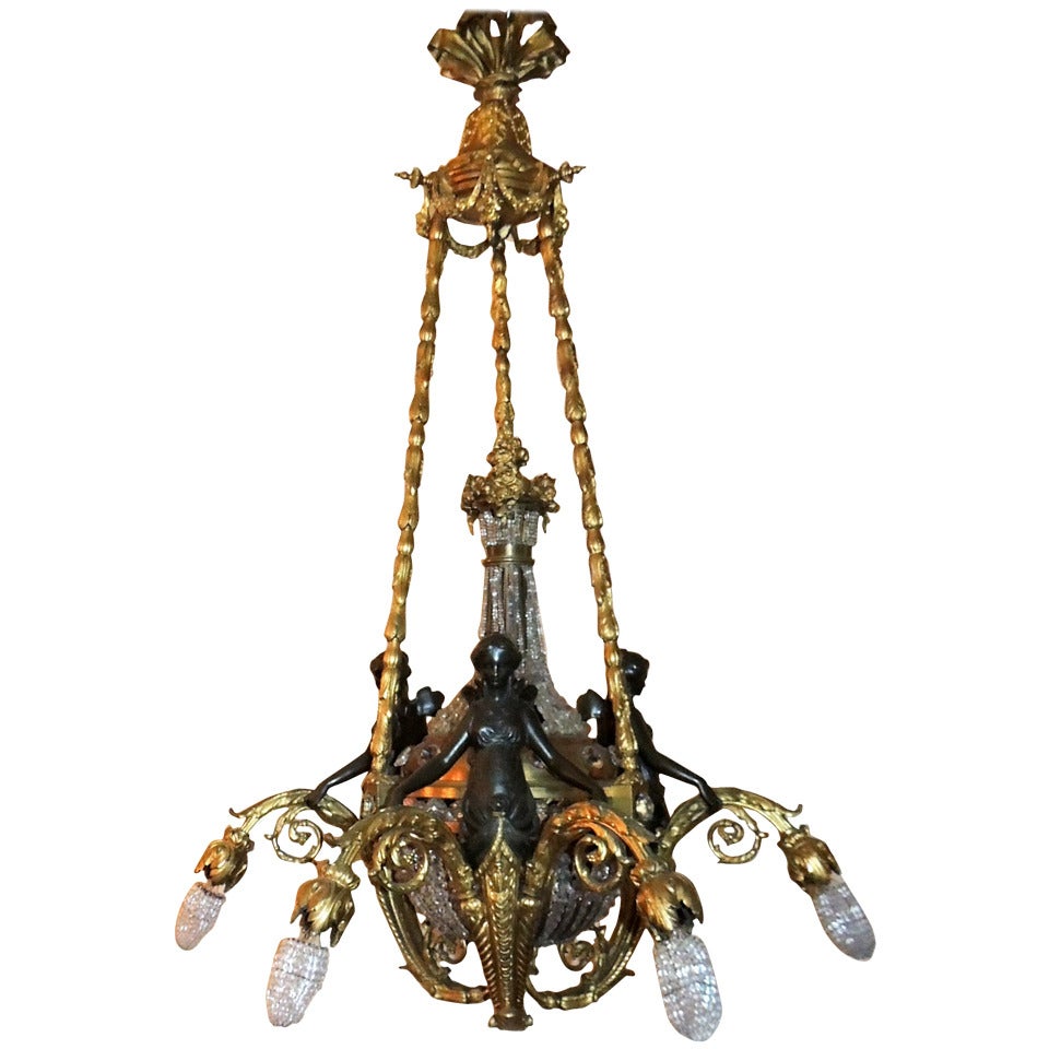 Breathtaking French Dore Bronze and Patina Figural, Beaded Basket Chandelier