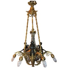 Breathtaking French Dore Bronze and Patina Figural, Beaded Basket Chandelier